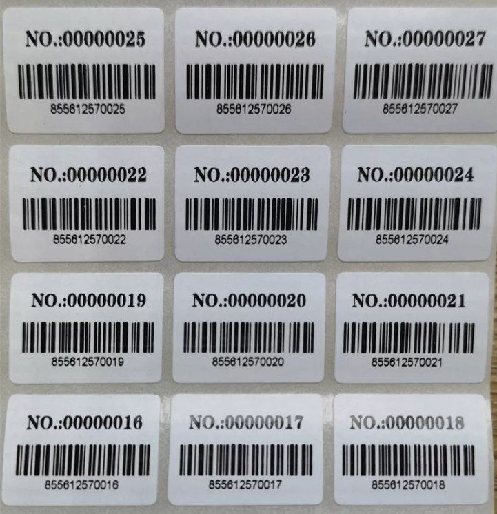 Инвентарные наклейки с инвентаризационным номером в три ручья в рулоне с печатью штрих кода
